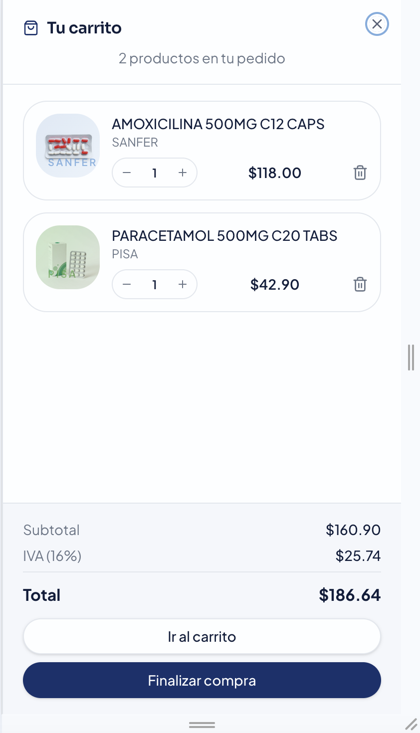 Carrito de compra en la app móvil de La Farmacia de la Central
